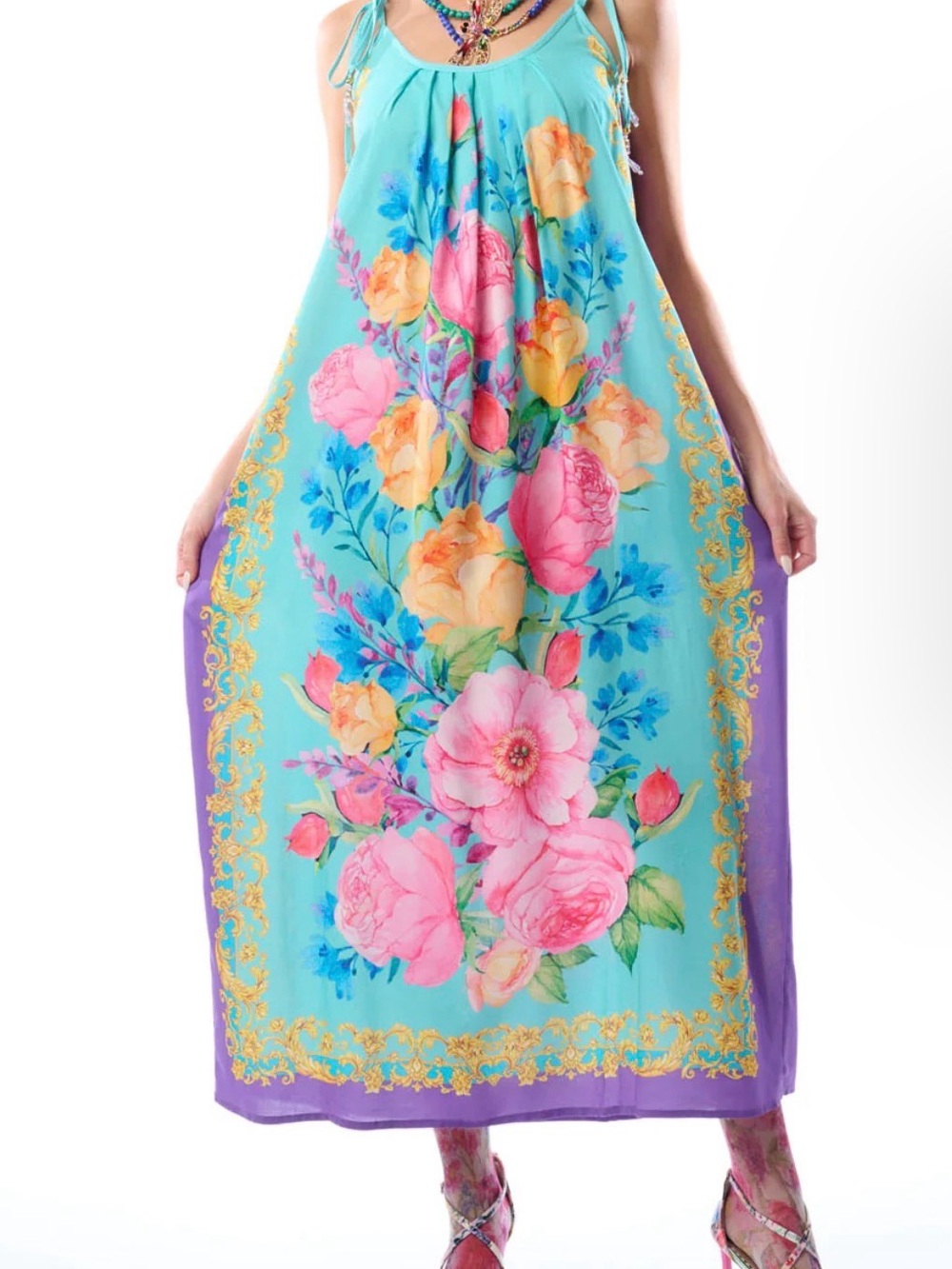 Aratta BLOSSOM  Turquoise Maxi with Pink & Yellow Floral Print